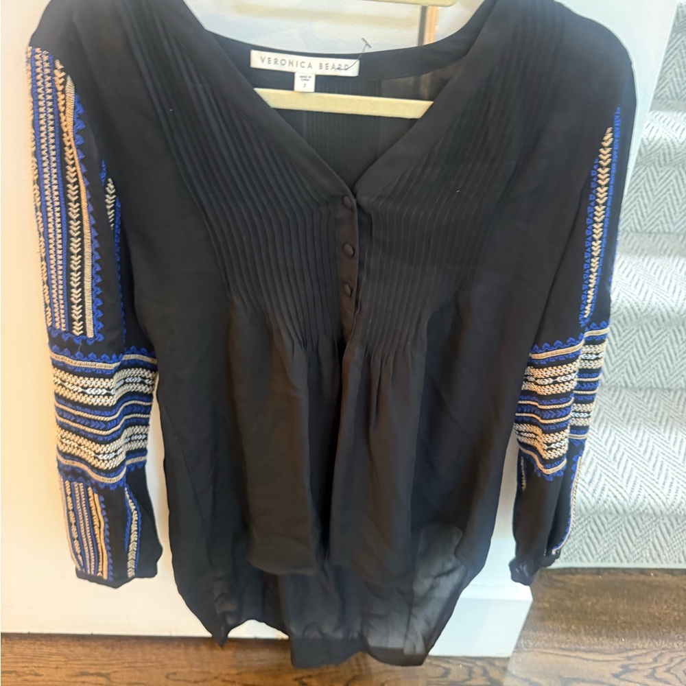 Veronica Beard Black Blouse with Blue and Cream Embroidered Sleeves